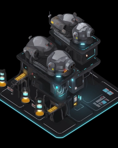 isometric perspective, game sprite, futuristic small spaceship hanger concept, gaming asset, sci-fi, fun, creative, cartoon, clipart, hyper-detailed, black background,