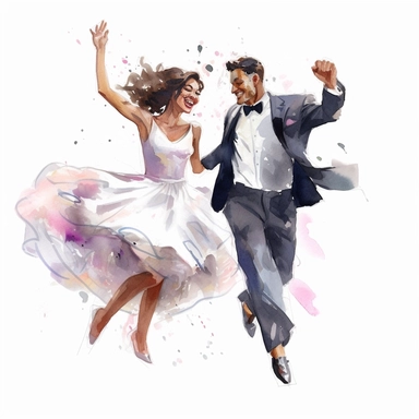 watercolor, hyper realistic, white background, white margins, 16k, ultra detailed clipart, cut out image, hand-drawn, whimsical a groom and bride doing a whimsical and choreographed dance routine, adding a touch of creativity and entertainment to their celebration. ultra HD, sharp and clean art