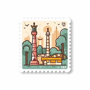 postage stamp from barcelona featuring park guell, modern, minimalist, cartoon style, white background, clipart, neutral colors, clean lines