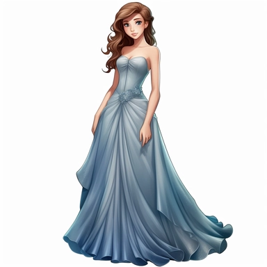 an exceptionally beautiful anime girl dressed in evening gown, smiling, highly detailed, full body image, pixar style, clipart, white background