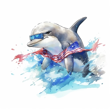 a playful bottlenose dolphin in a jumping wave, wears American flag scarf and sunglasses, with Southeastern coastal waters, colorful ink wash paintings, anime-inspired character designs, hyper-realistic animal illustrations, 2d game art, quadratura, clipa
