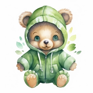 cute friendly baby bear character, with a smiling face and kind eyes, wearing green clothes, watercolor cartoon style, vector, clipart, on a solid white background, completely isolated, full shot, centered, Job ID: 9f3b37e5-3ba2-4603-8556-86cd9afdffb1