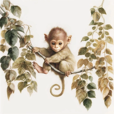 watercolor, clipart, cute little monkey swinging on vines in the style of hyper-realistic animal, highly detailed illustrations, arbeitsrat für kunst, soft watercolours, full view animated gifs, sparklecore