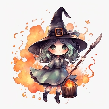 Cartoon Witch Clipart, with white Background, 8K, watercolor, HD,