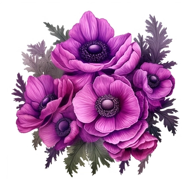 dark Magenta anemone flower bunch, watercolor, clipart, highly detailed, HD, flowers arranged in a square-shaped frame