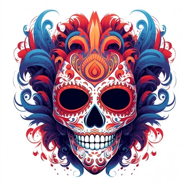 isolated flat clipart on a white background of a spooky day of dead themed voodoo mask tshirt design graphic, in the style of daniel f. gerhartz, transcendent, nikon d850, art of burma, captures the essence of nature, in the style of organic forms and patterns, expansive skies, hyper-detailed illustrations, i can't believe how beautiful this is, lively colors