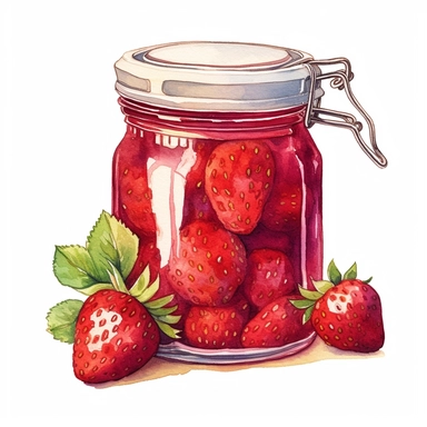 watercolor vintage style strawberry jam in a jar clipart, strawberry jam in a jar, strawberries, vibrant colors, 1960, vintage, watercolor, realistic drawing in storybook illustration, pencil drawing by Angela Barrett, Elsa Beskow, ultrafine detailed, highly detailed, high resolution, 8K, white background
