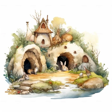 vintage, clipart, illustration, water color, scene, rabbits, hobbit village, white background