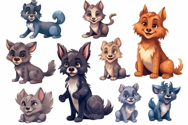 cute and friendly werewolfs clipart, storybook style, HD, spaced out, isolated white background