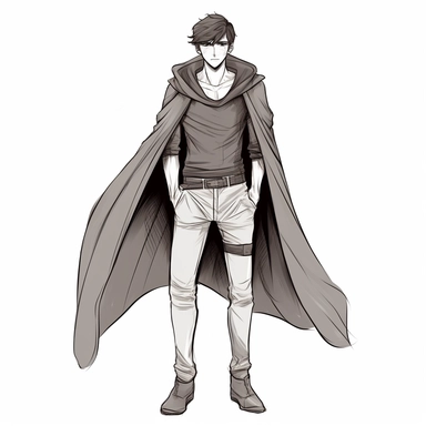 clipart sketch, young man with a lean, muscular build, faded haircut, piercing eyes, young appearance, black cloak, pants and boots, gege Akutami, facial expressions, joy
