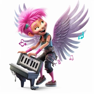 a beautiful smiling fairy dressed as punk rockstar, playing keyboard, microphone, really big wings, full body image, pixar style, clipart, white background