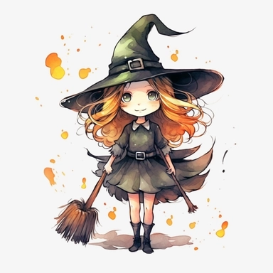 Cartoon Witch Clipart, with white Background, 8K, watercolor, HD,