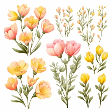 Pastel color pink. Yellow. Freesia flowers are decorated with eucalyptus leaves. Flowers and leaves of various shapes were intertwined. Clip art