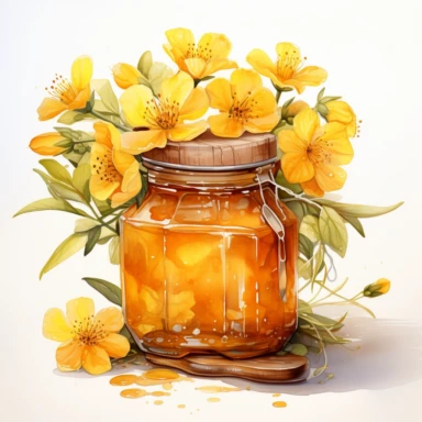 An ultra-detailed watercolor clipart illustration, drawn with a thick watercolor line, adorned with [honey jar with flowers] with the bouquet, isolated on a white background, in the style of ultra-realistic watercolor clipart illustrations, intricately detailed watercolor clipart illustrations, hyperrealistic watercolor clipart illustrations, and high-resolution watercolor clipart illustrations