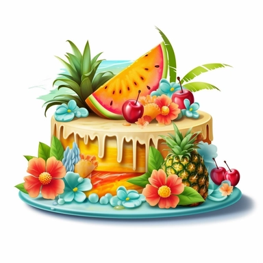 Create a clipart image of a birthday cake with a tropical theme. Use vibrant colors, tropical fruit decorations, and edible flowers to create a cake that captures the essence of a beach vacation.