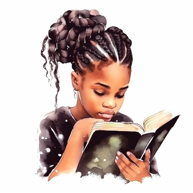 Watercolour Black Girl Reading Clipart, braids, reading in a fort, Girl Studying Clipart, Book Lover , Student Clipart, Reading Png,Bookworm, hd, white background, spaced out, pastel colors, cartoon realism details--ar 3:2