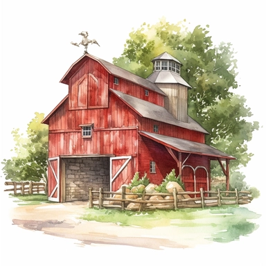 very detailed watercolor of old red barn, country side, trees, ball of hey, svg graphics, in the style of realistic landscapes, j.c. leyendecker, monumental murals, colorized, white background, clipart, vintage cut and paste