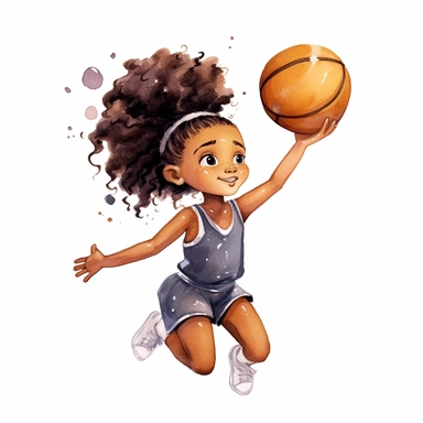 cute Watercolor black girl cartoon basketball player shooting hoops, clipart, white background
