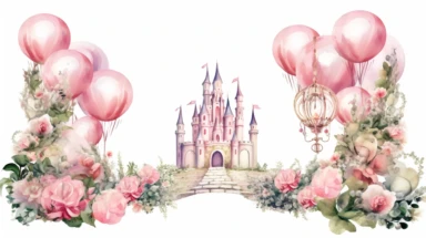 watercolour illustration, jungle smash pastel pink princess themed scene, pastel roses balloon arch, fairy tale, fairy tale pink jungle, leaves and balloons, clipart, sublimation graphics, by Beatrix Potter, watercolour clipart, unique design, print on demand image, transparent PNG background, white background, 8k