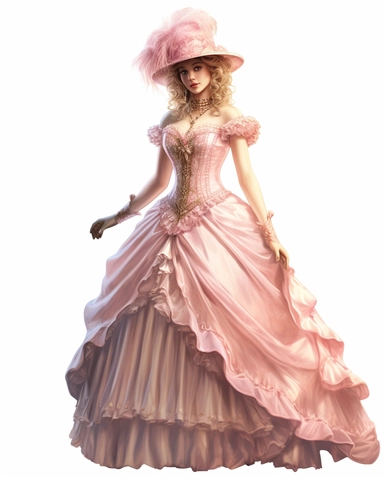 detailed beautiful lady , dressed in a pink victorian vintage dress on a party, hyper realistic, 8k, isolated on white backgorund, clipart
