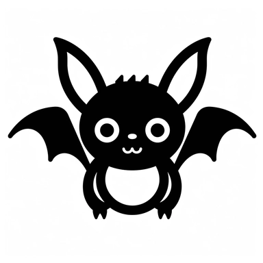 cartoon bat,black and white silhouette icon, clipart style, white background, thick lines, vector, simple design, flat colour, solid colour, halloweencore