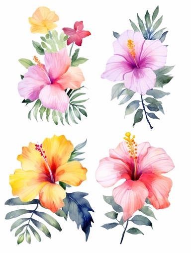watercolor clipart set with white background, cute hibiscus, plumeria, bougainvillea, and protea flowers, adorable, flat design, clearly defined with separated images, high quality