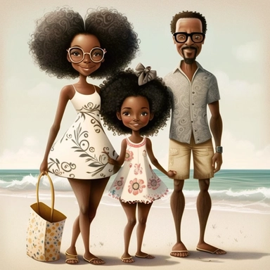 Happy Black Girl and her mom and dad Smiling at the beach ib sag harbor art,black girlsclipart, Funny black girl , Cheerful african american girl child png, clipart, afro ,Full body with legs , Cottage core , preppy , Highly detailed close-up portrait , s