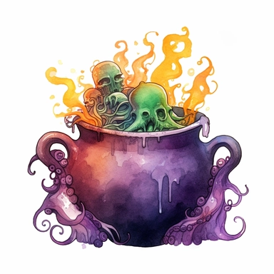hand drawn black cauldron with bubbling potion, large bone in the cauldron, an octopus tentacle coming out of cauldron and hanging on the side, Halloween, purple orange and green shades, fantasy, glamorous, clipart style, detailed and realistic, watercolor, white background with margins
