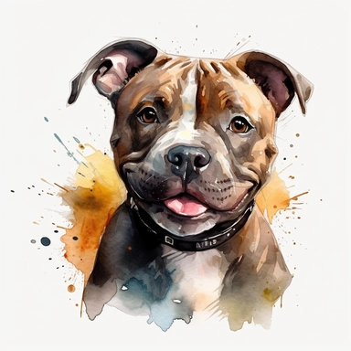cute Staffordshire Bull Terrier dog portrait, full face, centered shot, side shot, dynamically posed, in action, playful mood, happy mood, playing mood, cute face, adorable smile, childlike eyes, clean watercolor illustration, white background, nursery baby imagery, painting, detailed, 8k, PNG, clipart,