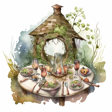 A hyper - detailed illustration watercolor clipart of a whimsical dining table of a fairy house built out of natural materials by a human, delicious fairy style dinner, table cloth and candle glass watercolor illustration, illustration style a combination of Beatrix Potter and Tove Jansson, isolated on white background with margins, cut - out images, zoom on table , close up view from table top