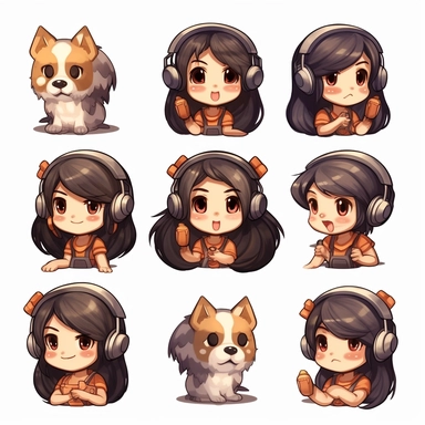 a watercolor Kawaii looking gamer chibi character of a girl with black long hair and her big brown overweight dog with floppy ears and white chest. Together they do different emotional expressions. On white background as clipart. 6 panels with very different poses.