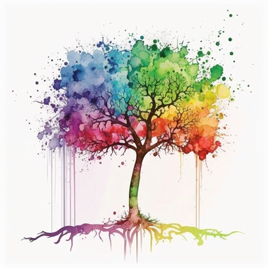 an apple tree, watercolor painting, clip art, rainbow, white background.