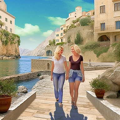 panoramic view, full view, landscape, two beautiful older female best friends with blonde hair walking side by side smiling and chatting, beautiful faces, along a cobblestone walkway in a beautiful mediterranean town with view of beautiful blue water, cascading bougavanelia, beautiful summer day, illustration clipart, photo realistic, romantic, fantasy, ethereal, sharp focus, high detail, no holding hands