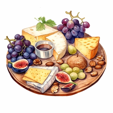 Watercolor cheese platter with wallnuts and grapes and raisins and figs nicely placed along with cheese on a very large wooden flat plate or cutting board, illustrations clipart set, simple, soft colors, cartoon elements, different variants, cheese from around the world, wooden elements, separate elements with a margin