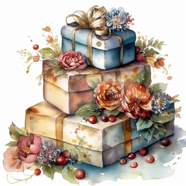 insanely beautiful pile of 3 gift packages , in the style of beatrice potter, 32k uhd, hand-painted details, pastoral illustrations, amazing colour combinations , aquarellist, hd , white background clipart ,-- no watermark--ar 27:37