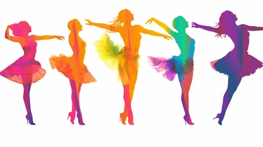 Colorful Simplistic Multiple Ballerina clip art of Female Dancers. Elegant Sophisticated Image depicting happy female dancer concentrating. No rouge faces. Each element of the Design is to be individual and totally separated and isolated on White Background, 2d Vector Clip Art for use in other designs