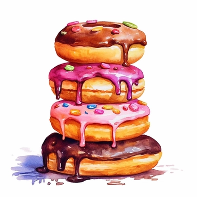 a tempting watercolor painting of a stack of chocolate donuts with different flavors and toppings, showcasing their delicious textures and vibrant colors, 8k, HD, watercolor clipart, With white background for removing, no text on image