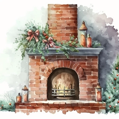 red brick fireplace, christmas decorations, watercolor, clipart