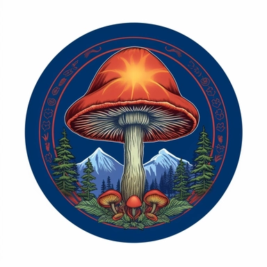 graphic bold, magic mushroom round logo, clipart, Colorado state flag colors