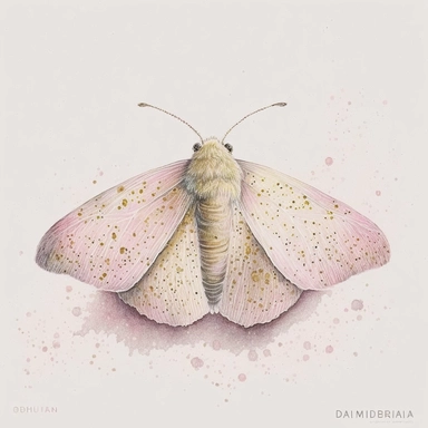 A pale pink moth, on a bed of glitter, white, gold, glitter, fantasy, realistic illustration, watercolor, by Dinara Mirtalipova, by Disney, bright and airy Colors, concept art, white background , clipart
