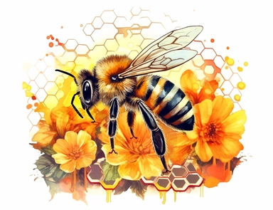 summer illustration of bee and honey combs and flowers, in watercolor styles, bright colors, white background Sublimation Clipart, hyper realistic, intricate detail, illustration style, high solution, on the white background