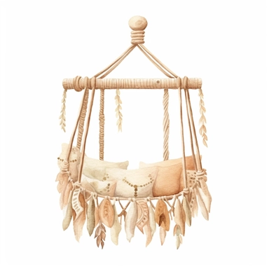 realistic watercolor boho woven macrame baby Crib Mobile, isolated white background, babyshower clipart, 8k, bright beige boho colors