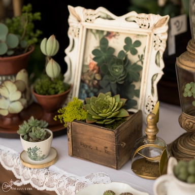succulents are displayed at a tabletop setting along with empty succulent crate boxes. a workshop is taking place so there is soil, moss, and succulent clippings decorated on a white lace tablecloth, in the style of intricately sculpted, rustic americana, ceramic, muted hues, hand-painted details , above the tabletop is a sunny gallery wall of vintage ornate frames in different shapes sizes and textures , plant hangers hanging plants hanging vines hanging , in the style of made of beads and yarn