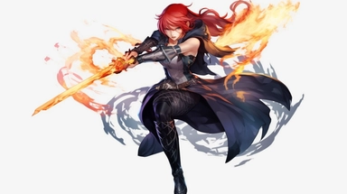 an anime character with red hair and blue flames, transparent background png clipart,anime,a city,a person with red hair and black clothes holding a sword in her hand,friends