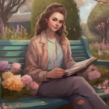 Close up full body portrait of a beautiful woman sitting on park bench surrounded by garden of blooming flowers. She is holding a stack of many books. She is fashionable in cozy clothes, has glowing healthy skin, a very cute face and braided hair. Incorporate muted pastel spring colors throughout the illustration. The oil painting should evoke a sense of magical cottagecore realism and a spring aesthetic feel and be delicate, sweet, eye catching and utilize beautiful afternoon lighting. The oil 