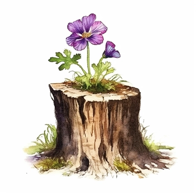 one woodland flower growing from tree stump watercolor clipart detailed