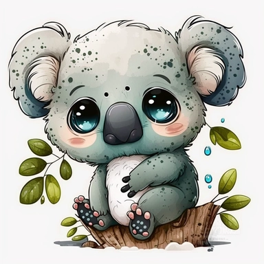 The most cutest cartoon baby koala with big open eyes, on a planet clipart, planets, watercolor, dream art, baby animals, vector art, children art, particles around the object, children cartoon, sticker art design, white background,