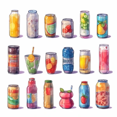 watercolor, Cold drinks set. Soda water, sweet fizzy beverages, fruit cocktails, juices, and lemonades in glass and plastic bottles, aluminum cans, and tins. png Full body realistic cartoon in 32K UHD cute. 15 cm thick outline. Black color. There was no shadow on the ground. 8k with realistic watercolors and detailed illustrations. PNG clipart, transparent white background
