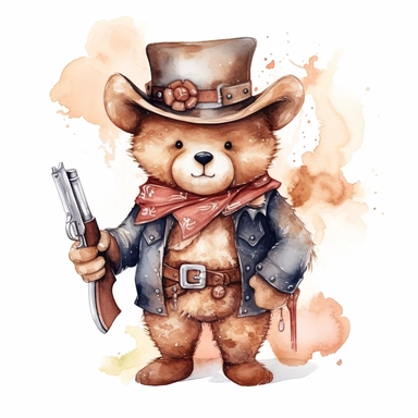 A cute watercolor clipart of a teddy bear dressed in Wild West cowboy attire, with a hat, boots, and a bandana around its neck. The bear has a confident stance and a revolver in its holster