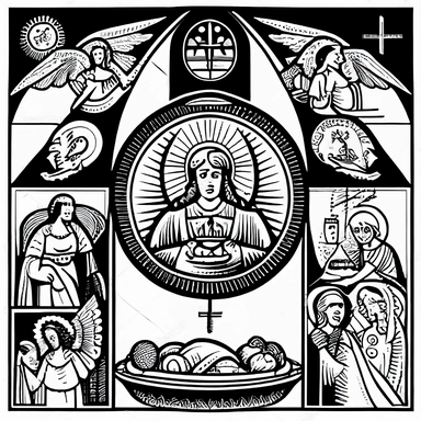 A black and white vector drawing of a variety of protestant christian objects including Angels, Stars, Rainbow symbols, Hands holding a heart, Fish and loaves, Crossed keys, Doves descending, Stained glass windows, The Last Supper, Nativity scenes, a detailed drawing inspired by Josef Navrátil, Anno Domini, black and white vector art, clipart, highly detailed vector art, coherent, white background